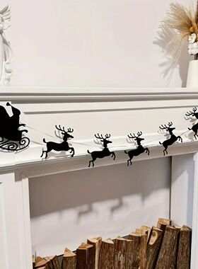 Classic Christmas Reindeer & Santa Sleigh Garland Black Felt