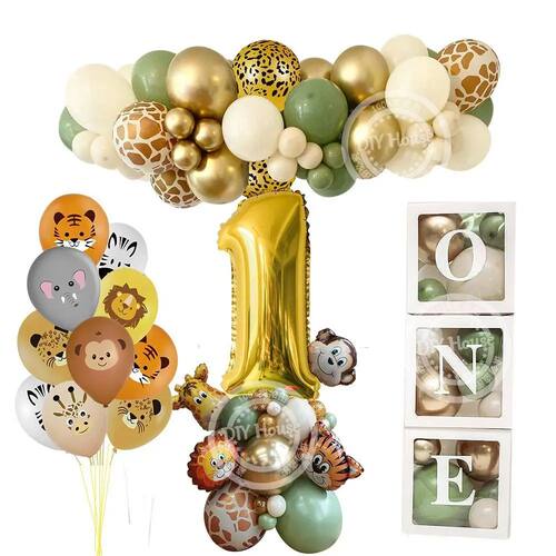 Wild Animal Balloon Tower with Gold 1-9 Number Balloon for B