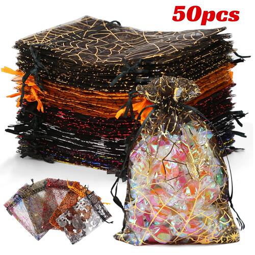 50PCS Halloween Gold Foil Candy Drawstring Gift Bag with Spi