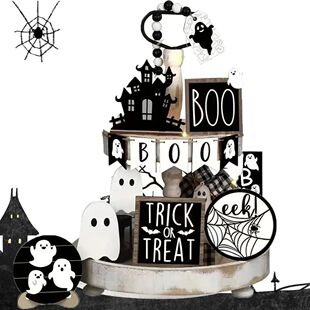 13 Pieces Halloween Tiered Tray Decor Wooden Cuteness Mark G