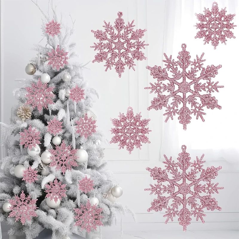 6/12/24Pcs Snowflakes for Christmas Tree Decoration Pink Sno