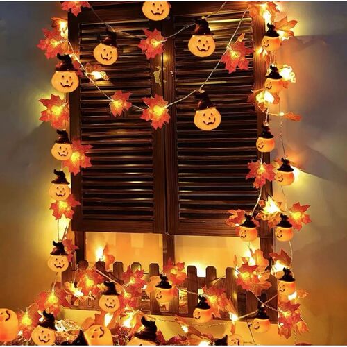 Artificial Fall Maple Leaves Pumpkin Garland Led Autumn Deco