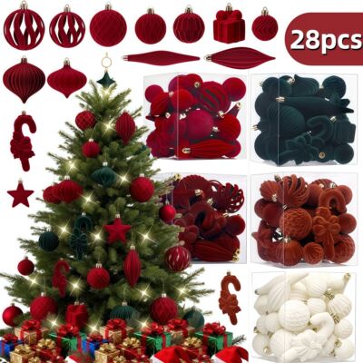 28PCS Multi Size Velvet Christmas Ball Set Star Scepter Roun