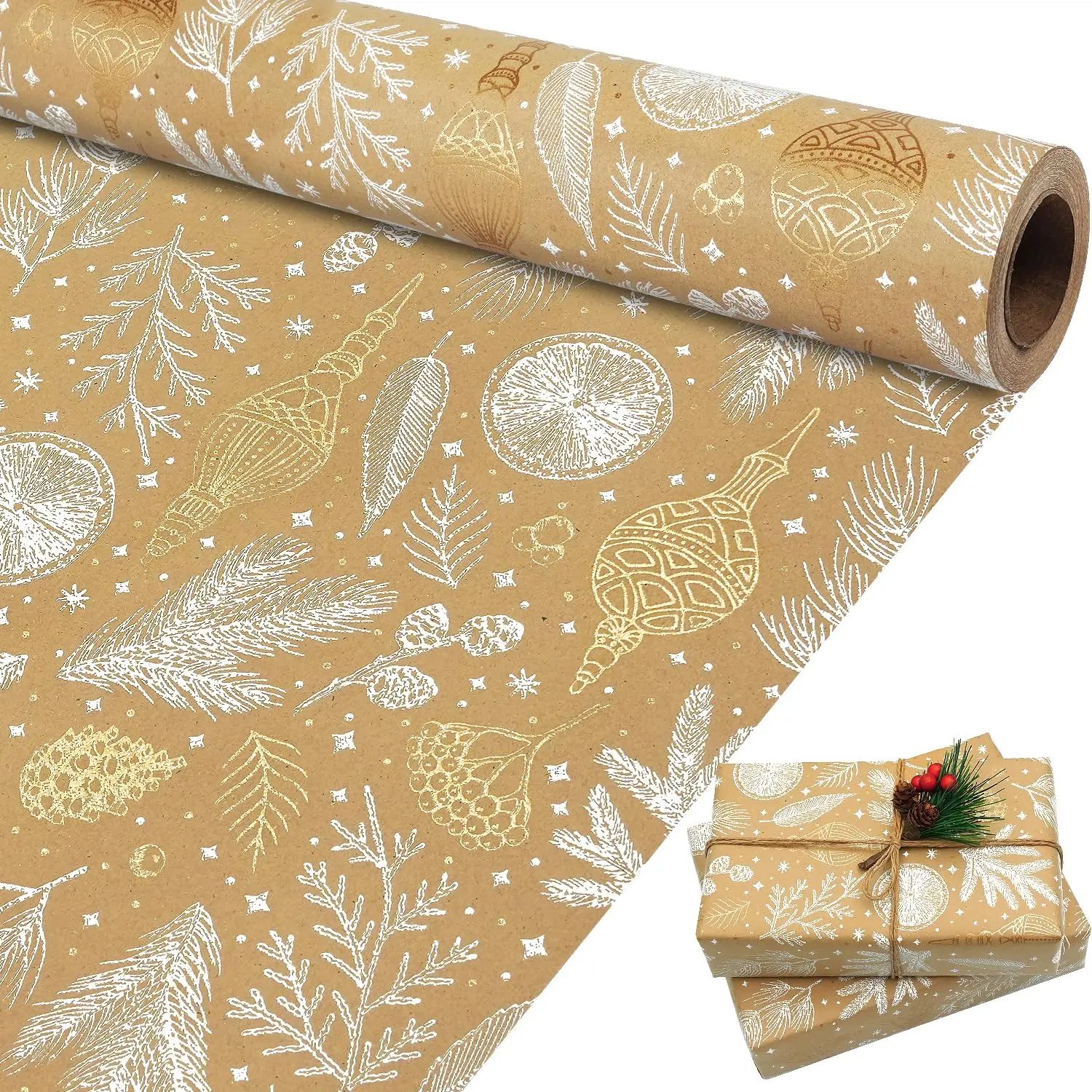 Christmas Wrapping Paper, Brown and Gold Foil Kraft Gift Wra