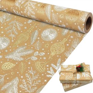Christmas Wrapping Paper, Brown and Gold Foil Kraft Gift Wra