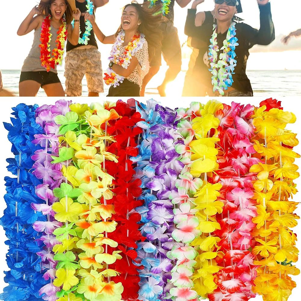 12/24pcs Hawaiian Leis Luau Party Flower Necklace Colorful T