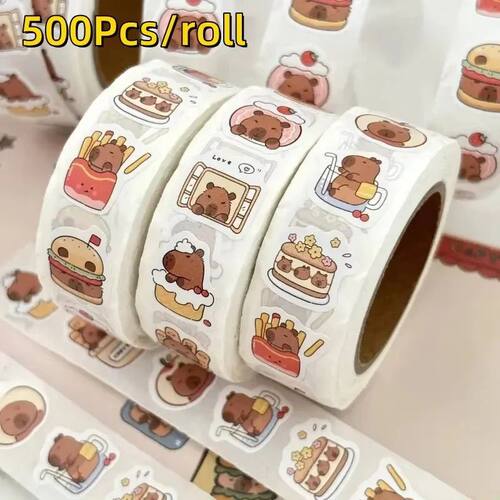 500Pcs Capybara Stickers Roll Waterproof PVC Self-Adhesive D