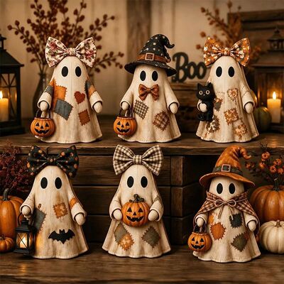 Vintage Distressed Wooden Patchwork Ghost Desktop Ornament,