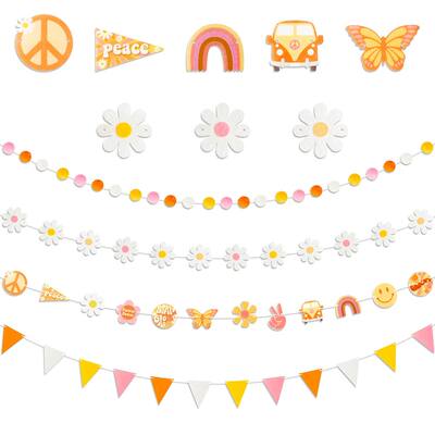 4Pcs Groovy Felt Flower?Garland Set Daisy Vine Banner Smile