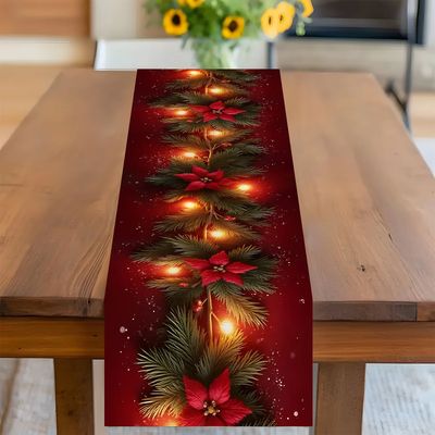 2D Christmas pine branch red lantern table runner Christmas
