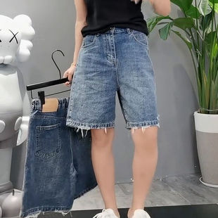 薄款 梨形身材寬松牛仔短褲 夏季 松緊腰顯瘦闊腿五分褲 女胖mm大碼 子