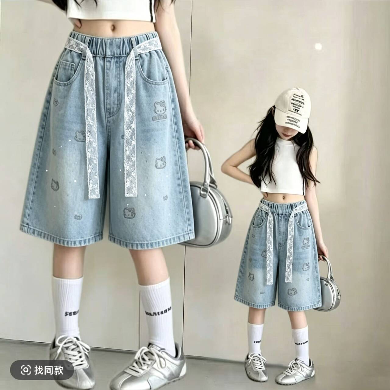 女童夏薄天丝亮钻牛仔五分裤图片