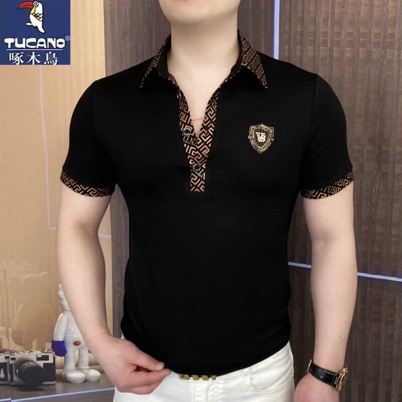 啄木鸟男士夏季新款黑色短袖T恤翻领polo衫内搭半袖轻熟风上衣
