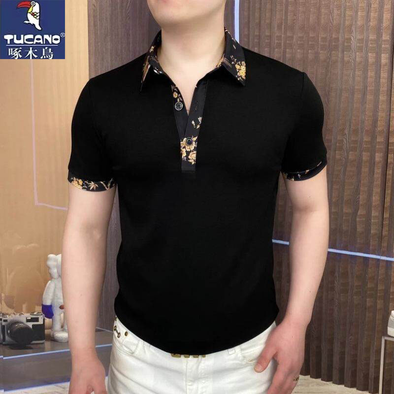 啄木鸟夏季碎花男士轻奢时尚半袖黑色T恤休闲百搭上衣短袖翻领