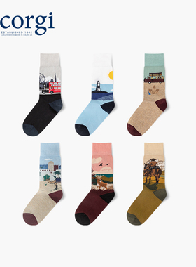 CORGI英国进口男士浪漫海滨印花精梳棉休闲防臭舒适流行中筒袜