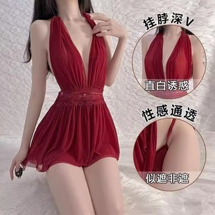 薄款 夏季 网纱性感公主风甜美挂脖睡衣蕾丝美背露背连衣睡裙可外穿