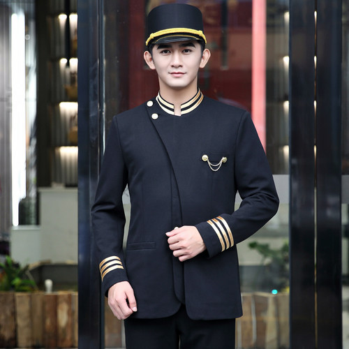 酒店门童长袖工作服黑色男工衣星级门口服装茶楼饭店工装酒楼衣服