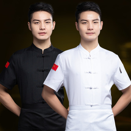 厨师服短袖棉质亚麻透气中式厨师工作服男黑色酒店餐饮后厨房工衣