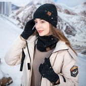 加绒针织毛线帽子围脖手套三件套一体套装 护耳保暖套头女帽 女冬季