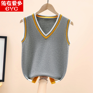 秋冬2026儿童针织马甲加绒加厚男童中大童纯棉V领背心新款坎肩潮