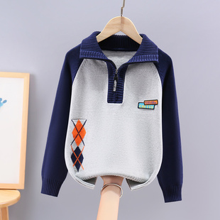 2026新款秋冬男童毛衣加绒加厚儿童针织衫中大童纯棉拉链半高领