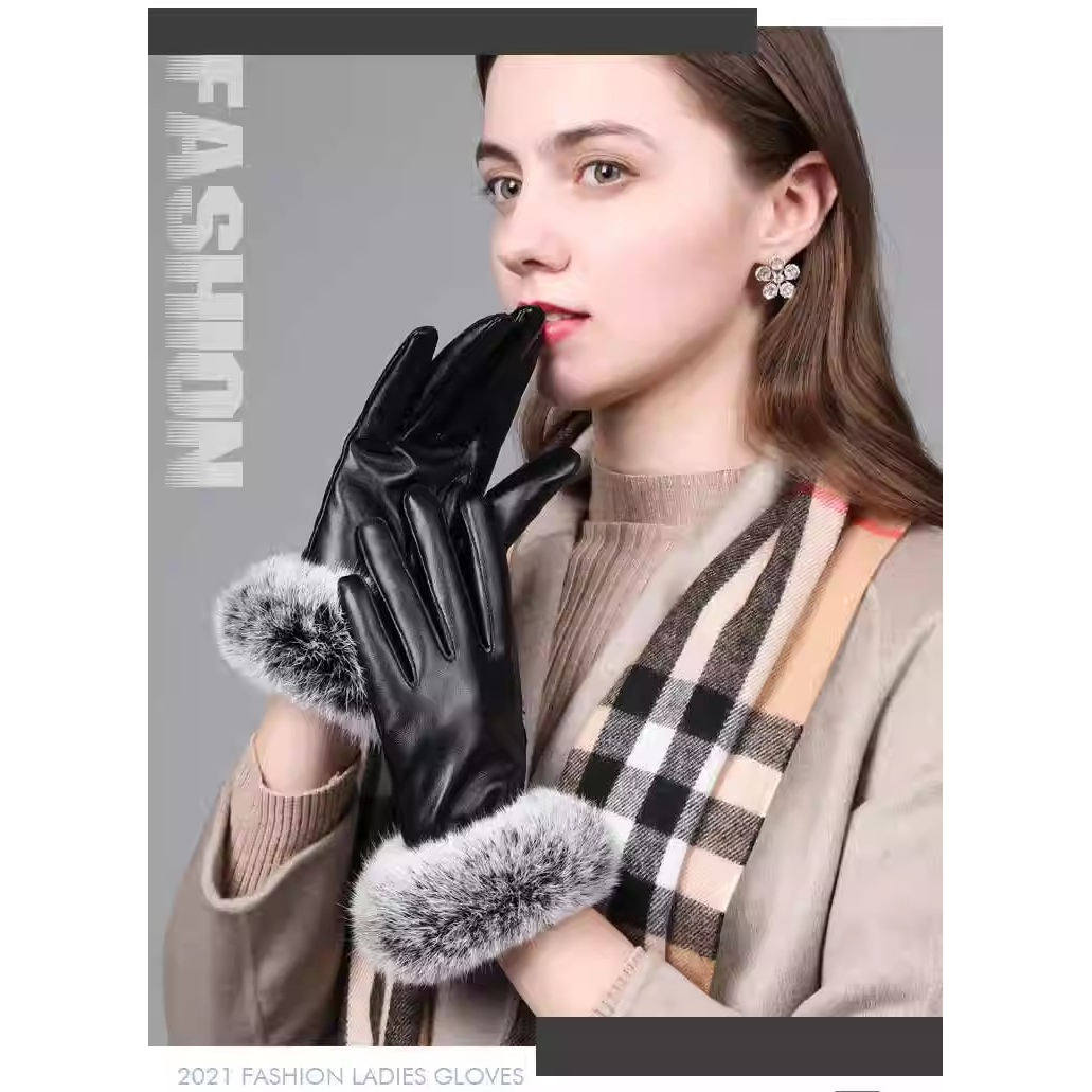 韩版时尚女式羊皮手套秋冬季可爱獭兔毛口保暖加厚绒骑车皮手套女
