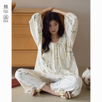 【抗菌拉架棉】秋季胸垫女士睡衣纯棉宽松长袖防凸点睡衣女家居服