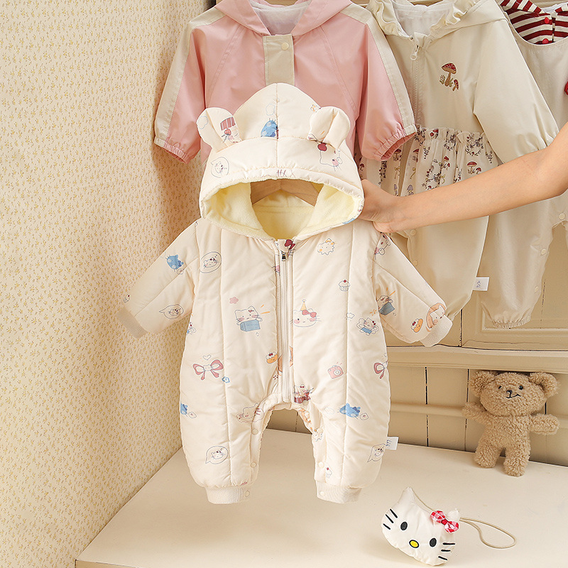 婴儿夹棉秋冬款背包猫咪加绒连体衣女宝宝中式新生儿保暖新生儿