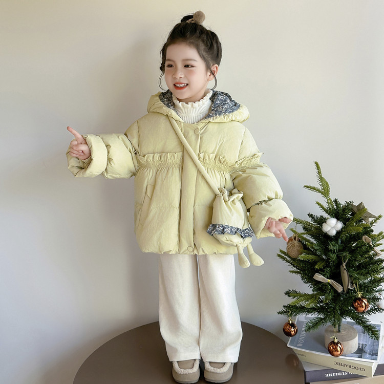 女童中长款棉服2025冬季新款儿童洋气甜美宝宝冬装连帽加厚棉衣潮