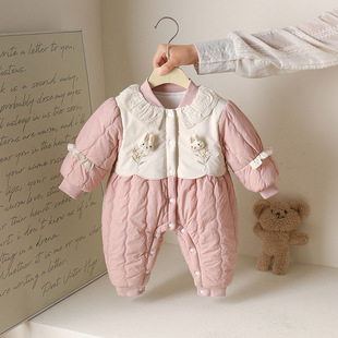 冬季新款女宝宝连体棉服夹棉加厚冬装小月龄女宝保暖棉衣连体爬服