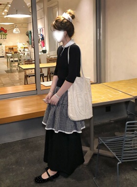 memorial.真酱 元英oni复古格纹屁帘女显瘦百搭黑色高腰阔腿裤