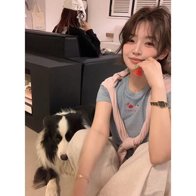 条纹甜美草莓T恤韩女士短袖圆领