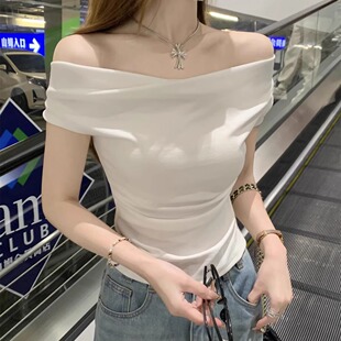 上衣 2025初夏穿搭新款 荡领露肩短袖 t恤女独特漂亮超好看小衫 短款