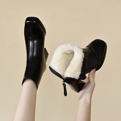 高跟短靴女真皮方头软底气质法式瘦瘦靴加厚羊毛马丁靴棉靴秋冬款