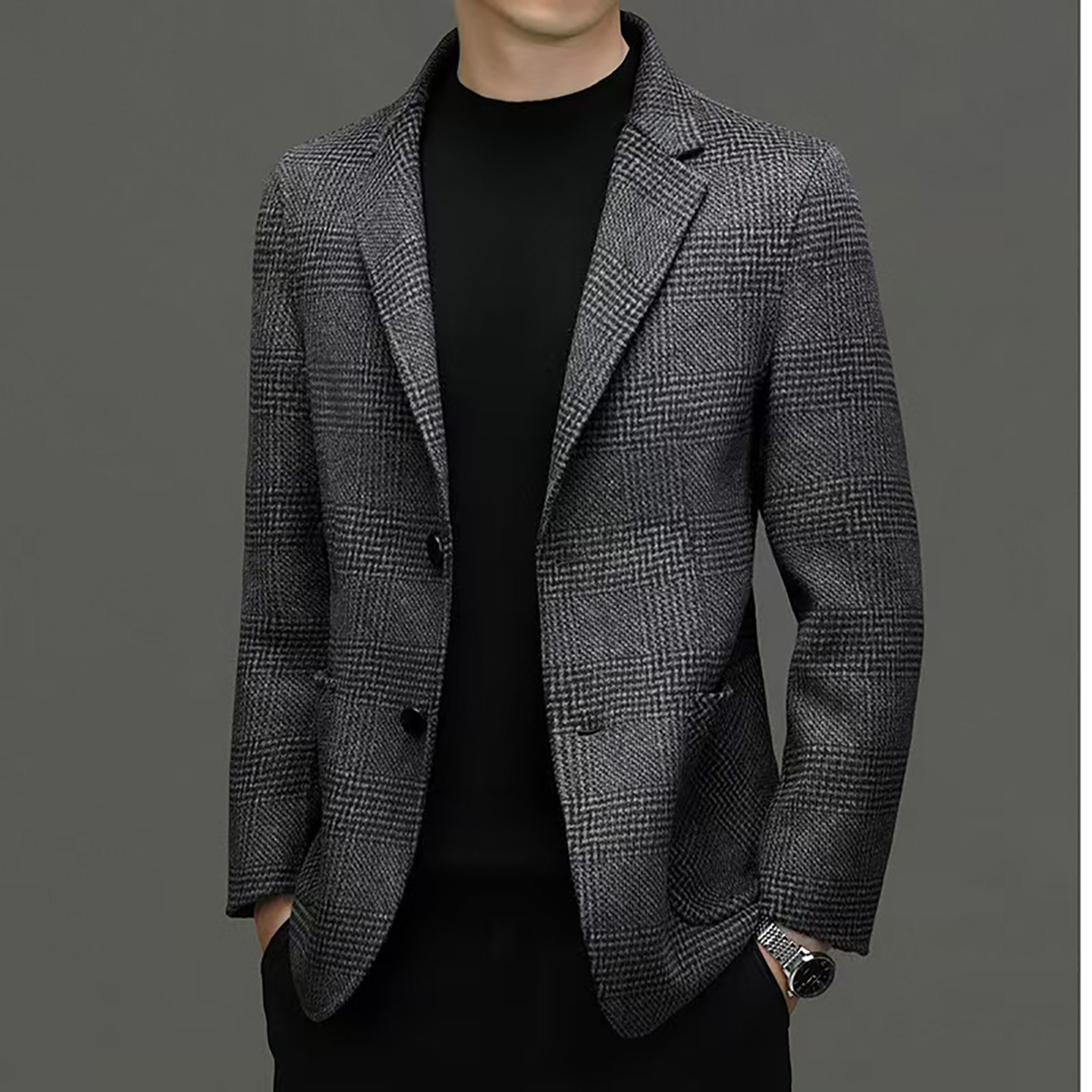 男士秋季外套羊毛西装男装秋外套香风轻奢高级感外套西服黑白格子