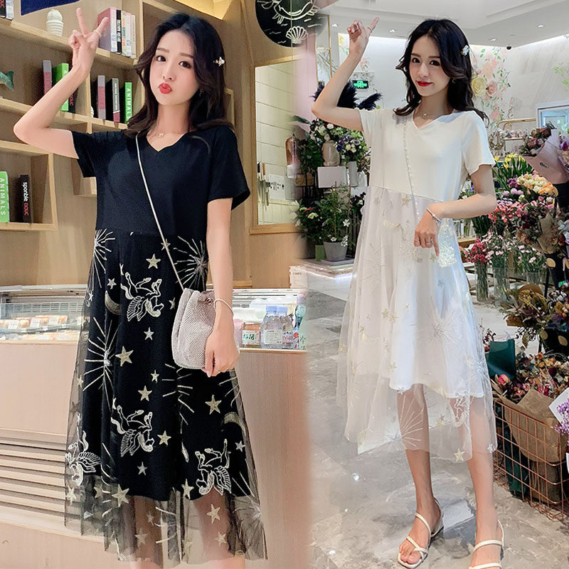 孕妇夏装连衣裙仙女超仙中长款孕妈妈时尚款t恤上衣网纱夏天裙子
