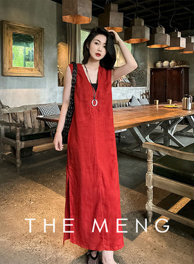 梦梦THEMENG【初见】亚麻无袖V领小宽肩显瘦显白纯色长款连衣裙