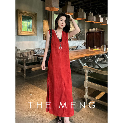 梦梦THEMENG【初见】亚麻无袖V领小宽肩显瘦显白纯色长款连衣裙