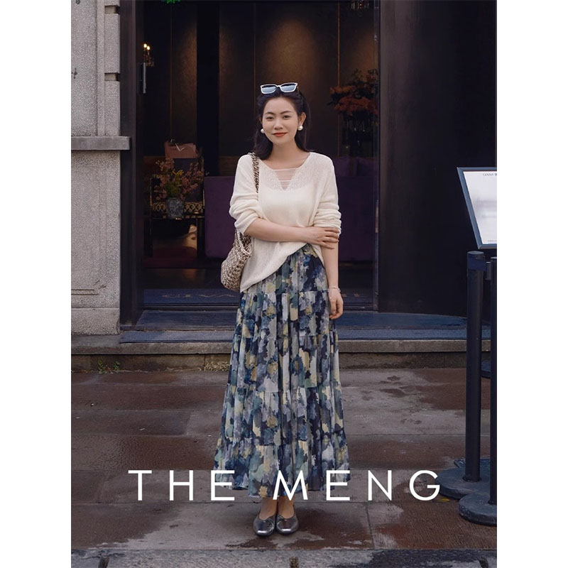 THE MENG【梵高】植物印花时尚感轻盈透气通勤气质a字半身裙女春