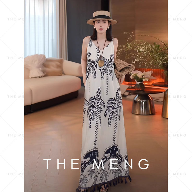 THE MENG【椰树】几何印花夏日风情优雅度假休闲吊带连衣裙女夏季