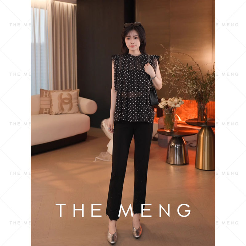 THE MENG【北川】四面弹蕾丝边高腰显瘦针织九分黑色休闲裤女夏季