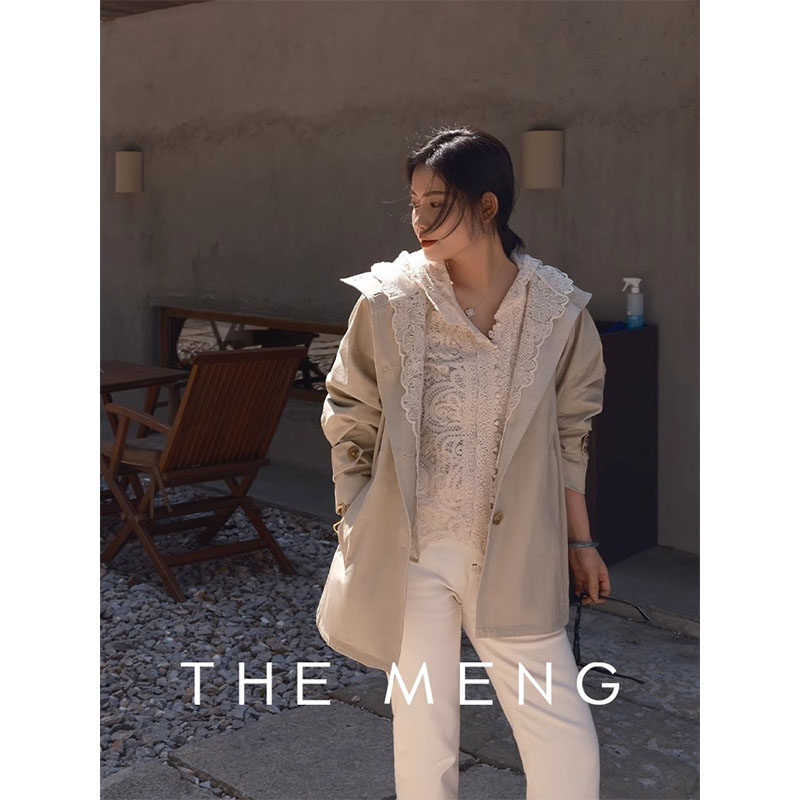THE MENG【自洽】高克重精梳棉连帽拼软蕾丝廓形短款风衣外套女春
