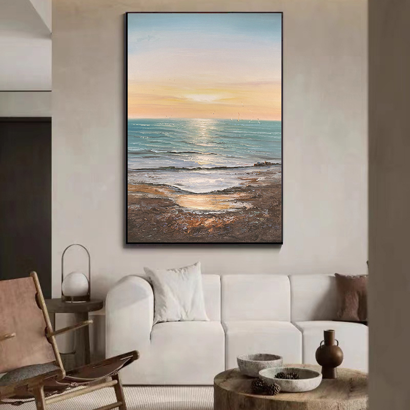 海上日出纯手绘油画现代风景装饰画客厅挂画玄关丙烯肌理画图片