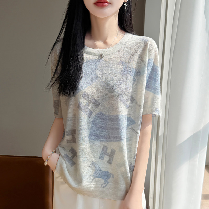 夏季薄款竹节麻印花短袖女士圆领拼色针织半袖上衣宽松五分T恤衫