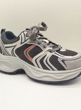 意尔康女鞋2025秋季新款做旧厚底灰红色磨砂网面运动休闲老爹鞋女