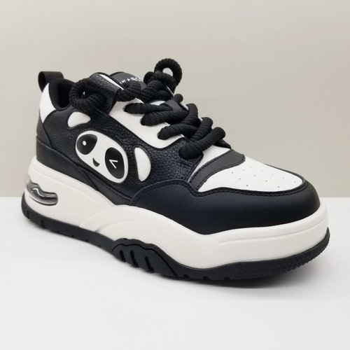 意尔康女鞋2024春季新款学院风运动休闲粗鞋带厚底粉色熊猫板鞋女