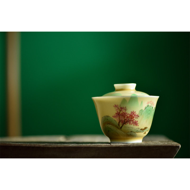 七月长景德镇陶瓷盖碗手绘青绿山水茶碗描金口中式茶具礼盒弥云斋