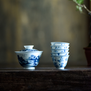 七月长 手绘青花山水盖碗诗文茶杯 复古茶具礼盒套组景德镇弥云斋