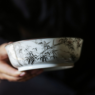 七月长陶瓷壶承 手绘墨竹矾红诗文包铜茶盘 功夫茶具景德镇弥云斋