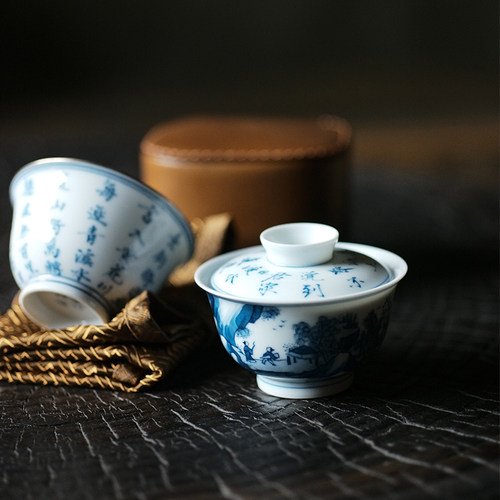 弥云斋手绘青花山水诗文茶具